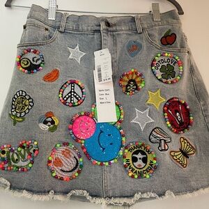NWT Fun Rare Denim Mini Skirt W /Emoji Patches, Sayings , Beads